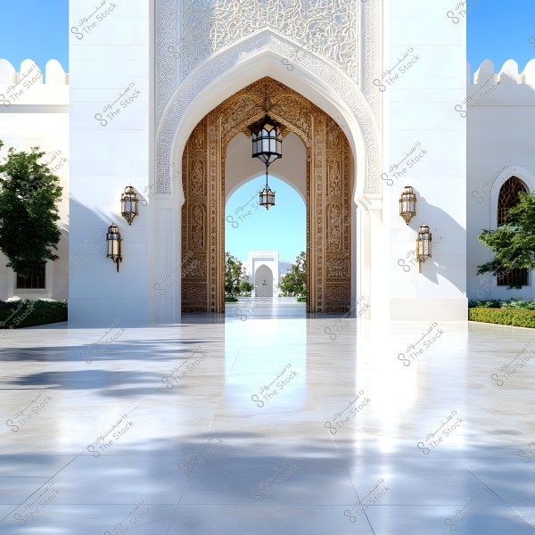 The image shows the entrance of a large mosque with stunning Islamic architectural design. The arched gate is adorned with intricate floral patterns and geometric carvings. Traditional lamps hang from the ceiling. The shiny floor extends into the courtyard, surrounded by green trees on both sides.