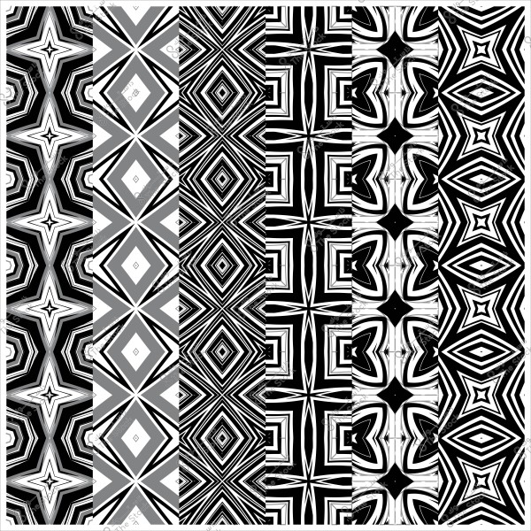 صورة لنمط مكون من ستة أعمدة بتصاميم هندسية متكررة بالأبيض والأسود. يظهر كل عمود نمطًا فريدًا, يتكون من أشكال هندسية متماثلة ومتداخلة, مثل الأشكال النجمية والأقراص والألماسات, مما يخلق مظهراً متناسقًا وجذابًا.

-