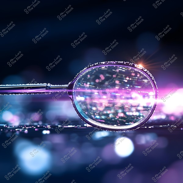 An image of a magnifying glass showcasing a visual effect that reflects multicolored lights, ranging from pink to blue and purple. The area around the lens is dimly lit, adding an abstract and futuristic feel.