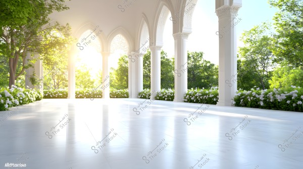 The image depicts a colonnade with white columns featuring pointed architectural designs and intricate decorations. The floor is covered with glossy tiles, and sunlight streams through the columns. In the background, green trees and blooming white flowers are visible, creating a serene and bright atmosphere.