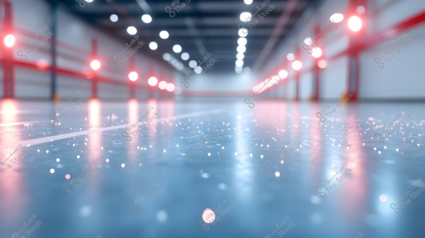 A spacious empty warehouse with bright overhead lighting and red lights along the edges. The floor is shiny with small sparkling glimmers, giving the scene a modern and clean appearance.