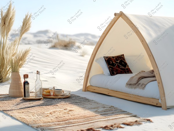 Image of a desert scene featuring a simple wooden frame bed with a brown patterned pillow and a gray throw under a white fabric tent. Next to the tent is a small rug with a glass oil bottle and a plate of food. Desert plants grow in the sand near the tent.