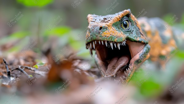 A ferocious dinosaur model roars amidst autumn leaves in a forest; ideal for educational resources, children's books, or prehistoric themed projects