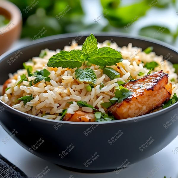 Image of a bowl of seasoned white rice garnished with fresh mint leaves and pieces of grilled meat. The dish is served in a dark bowl, with some green leaves visible in the background.