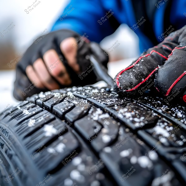 A close-up image of a person wearing black gloves with red stripes, pressing a thumb on a car tire covered with some snow. The photo focuses particularly on the details of the rubber and grooves on the tire, showing hands adjusting or checking the tire\'s condition in a cold environment.