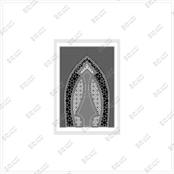تصميم زخرفي بأشكال هندسية وزخارف معقدة تظهر في إطار يشبه قوسًا.