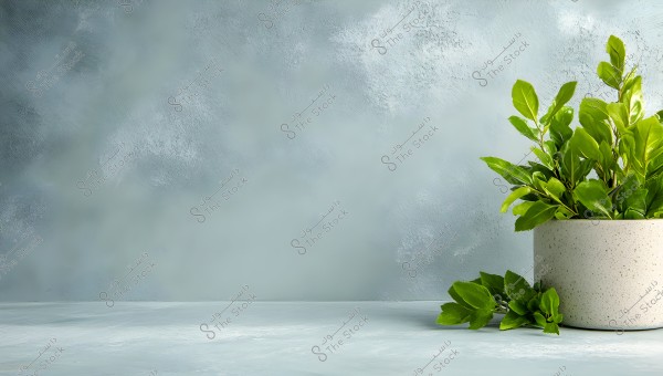 An image of a decorative white plant pot placed on a smooth grey surface, containing a cluster of vibrant green leaves slightly spilling over the edge of the pot. The background is also grey with subtle color gradients.