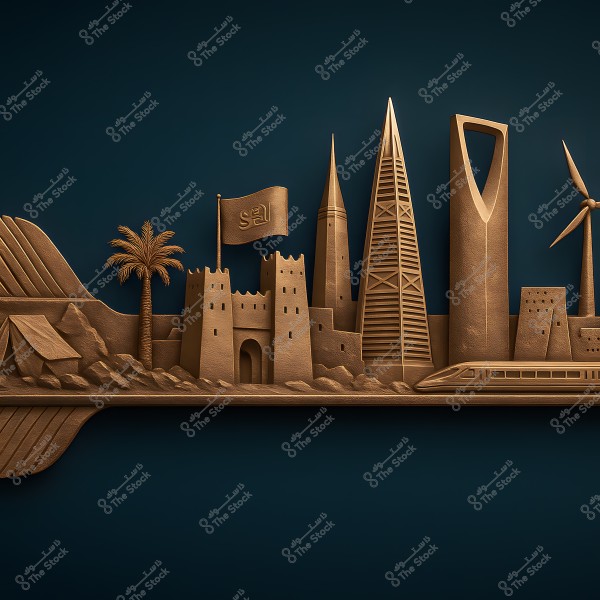 An artistic scene featuring prominent architectural symbols of Saudi Arabia. The image shows a 3D bronze-colored model on a dark blue background, including elements like skyscrapers, a clock tower, traditional buildings, a palm tree, a tent, a wind turbine, and a high-speed train. The Saudi flag is fluttering in the center.