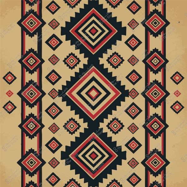 نمط هندسي ملون يتضمن تصميم ألماسي الشكل بألوان الأسود والأحمر والبيج. النمط يظهر كأنه مستوحى من الزخارف التقليدية, بشكل يملأ الصورة بالكامل, مع تكرار للأشكال في نمط متناظر.