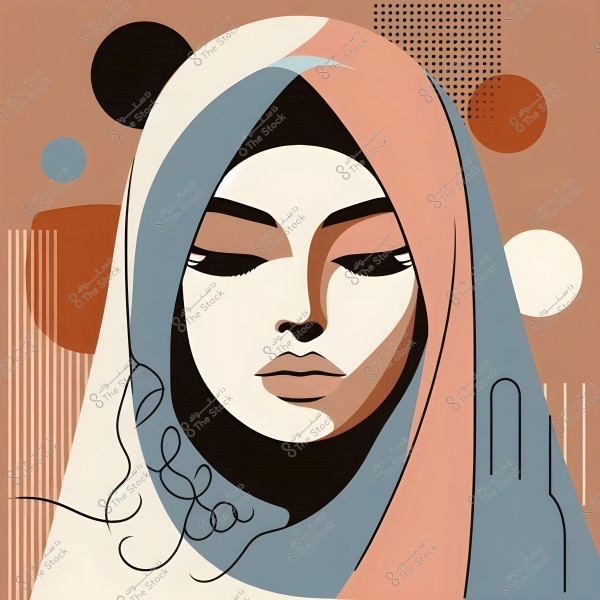 Abstract art image of a woman\'s face wearing a hijab in multiple colors including blue, beige, and pink, with closed eyes and a serene expression. The background features circular shapes and vertical lines in matching colors, giving the image a modern and contemporary feel.