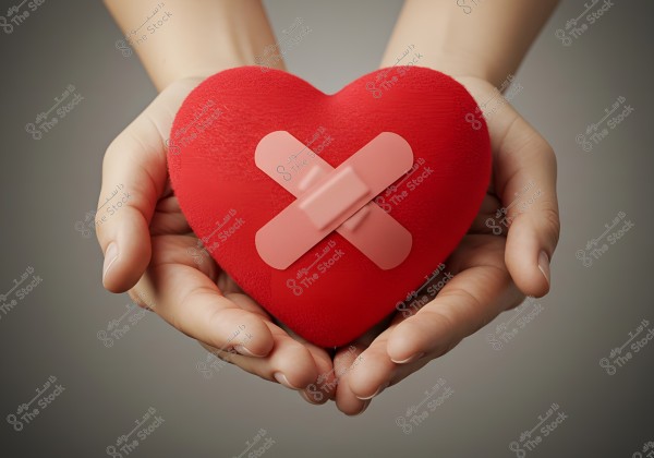 Image of hands cradling a red fabric heart with two crossed adhesive bandages on it at the center. The background is blurred in a gray hue.