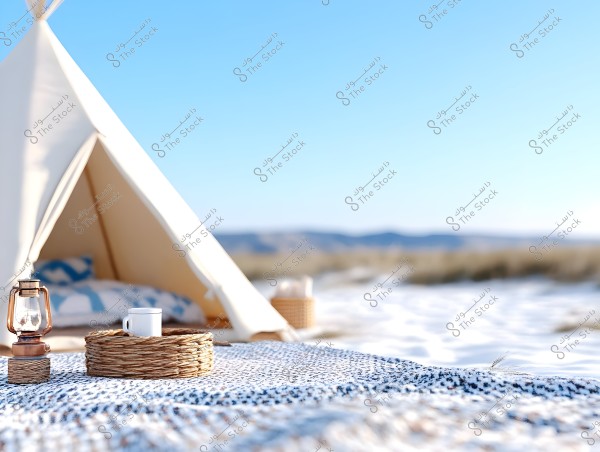 The image shows a white tent set up in an open, snow-covered area. In front of the tent is a woven rug with a wicker tray holding a small white cup. An old-fashioned oil lamp is placed on the rug, and a pillow with blue and white colors is visible inside the tent. The background features a distant hillscape under a clear blue sky.