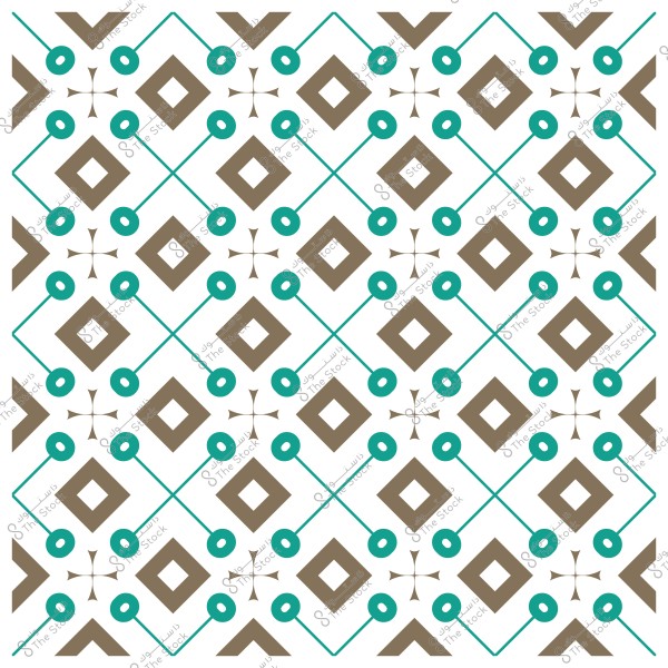 نمط هندسي مزخرف يحتوي على أشكال ماسية وخطوط متقاطعة باللونين البني والأخضر الفيروزي على خلفية بيضاء.
