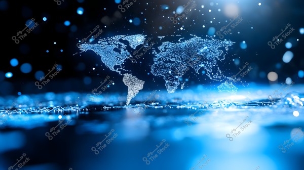 Image of a world map illuminated with blue light effects. The continents appear positioned over a shiny water surface with sparkling water droplets in the background.
