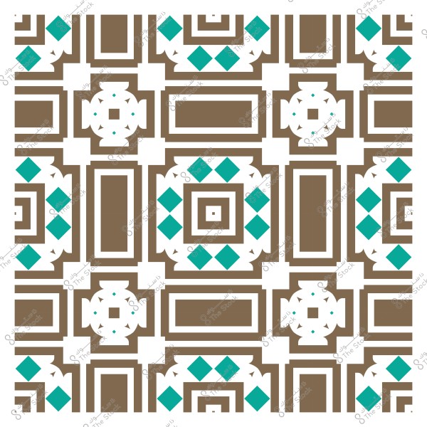 Islamic geometric pattern with brown squares and lines and blue triangles.