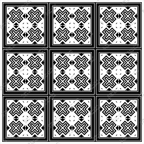 تصميم نمط هندسي بالأبيض والأسود يتضمن أشكالاً متقاطعة داخل مربعات متكررة.