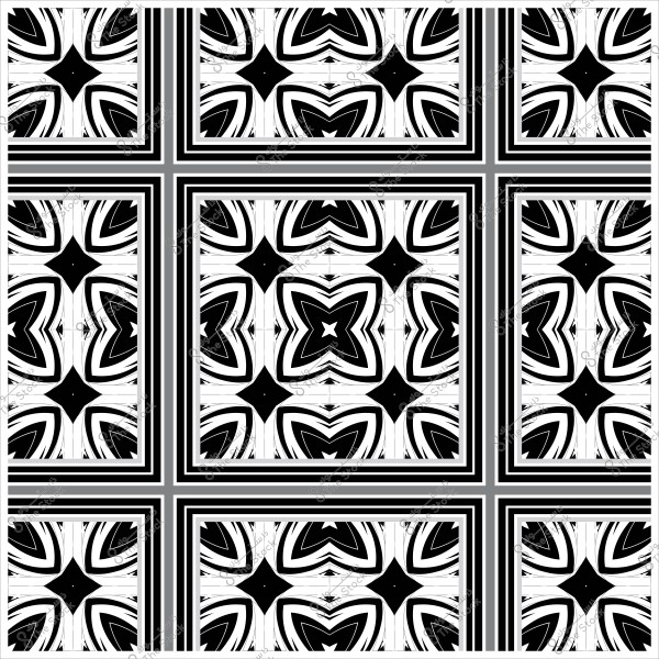 A repeating black and white pattern featuring geometric shapes and intricate designs resembling interlocking squares and stars.