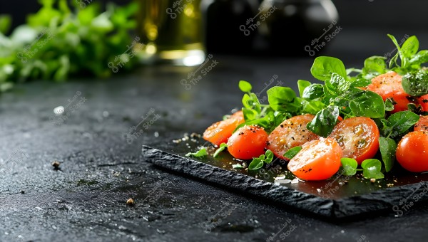 Image of halved cherry tomatoes with fresh green arugula leaves on a black stone slab. The surface is black with some crumbs visible. The background is blurred with green plants and an olive oil bottle.