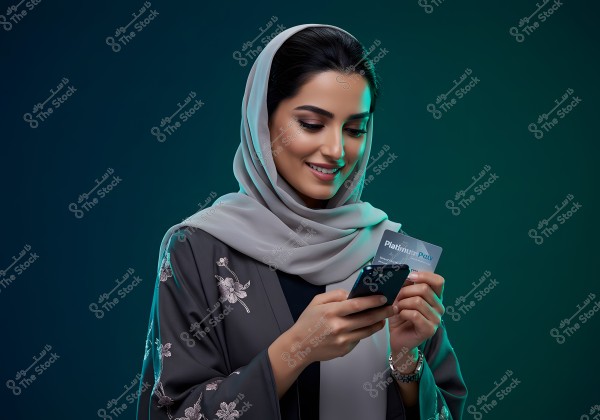 A portrait of a woman wearing a gray hijab and a dark abaya with floral embroidery, looking at a mobile phone and holding a card in her hand. The background is dark green, and the woman appears smiling.