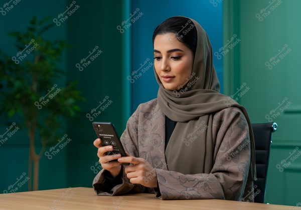 A woman seated on a chair in an office, wearing a brown hijab and a patterned coat, looks attentively at a smartphone. The background features a light green wall and decor, along with an indoor plant.