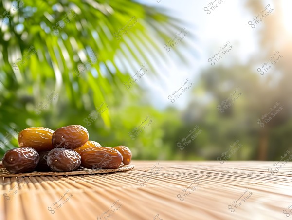 A group of dates placed on a bamboo surface in bright sunlight. In the background, slightly blurred green palm leaves are visible, giving an impression of a natural and lush environment.