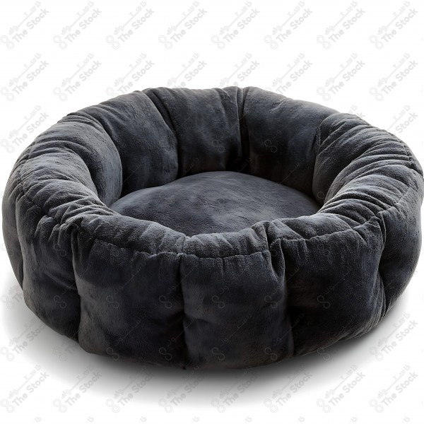 A round, soft, and padded black bed for pets. by AI