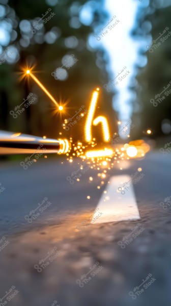 An image showing a golden light effect in the shape of the letter \"h\" illuminating towards a white pedestrian line in the middle of a road. The light casts onto the ground with small sparks. Trees are visible in the blurred background.