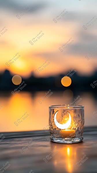 A lit candle inside a glass holder decorated with a crescent moon symbol, placed on a wooden surface. In the background, a sunset fills the sky with shades of orange and yellow, with reflections on the water, and the silhouette of cityscape faintly visible on the horizon.