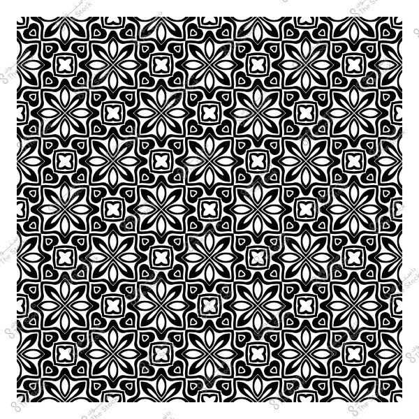 نمط زخرفي باللونين الأسود والأبيض بتصميم هندسي متماثل.