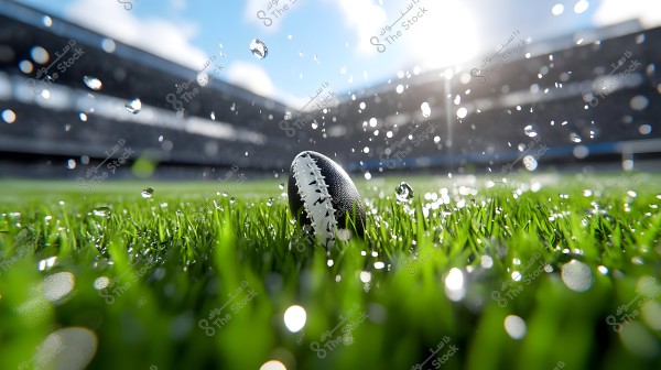 كرة رجبي موضوعة في العشب الأخضر في ملعب مفتوح. قطرات ماء متناثرة في الهواء مع ضوء الشمس الساطع في الخلفية فوق المدرجات, مما يضفي إحساسًا بالحركة والحيوية.