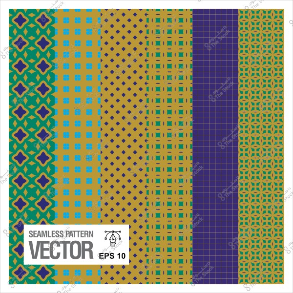 نماذج هندسية متكررة بألوان متعددة تضم الأخضر والأزرق والذهبي والبنفسجي في تصميم متجه.