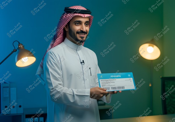 An image of a man wearing a white thobe and a red and white ghutra, standing in a room lit by desk lamps. He appears happy and is holding a blue paper with \"Alinmapay\" written on it. The room includes neatly arranged files on the shelves.