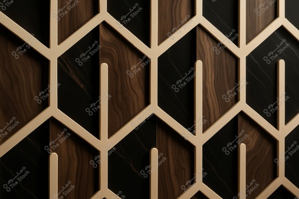 Image of a surface adorned with a hexagonal pattern in gold, wood, and black colors. The hexagonal shapes create a three-dimensional effect, with a mix of wooden and black backgrounds, giving an elegant and modern appearance.