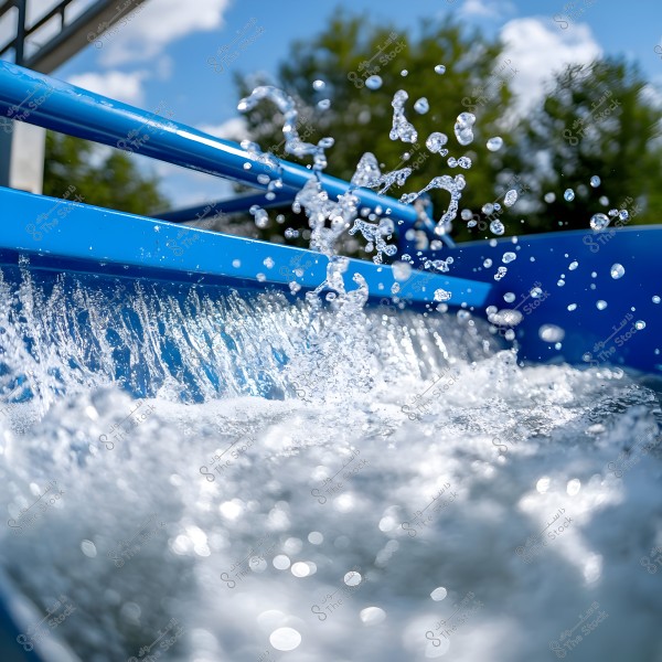 An image showing a powerful flow of water cascading over a smooth blue surface. Water droplets are splashing into the air, with a background of green trees and a blue sky with white clouds.