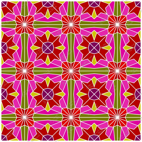Geometric design with Islamic patterns featuring star shapes and polygons in red, purple, and green colors.