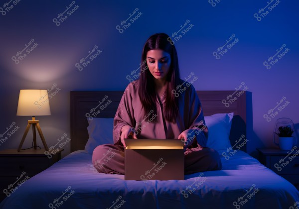 An image of a woman sitting on a bed in a dimly lit bedroom, illuminated by a side lamp. She is wearing comfortable home attire that suggests Saudi origin. The focal point is a box she opens, emitting a radiant light that illuminates her face, showing a contemplative expression.