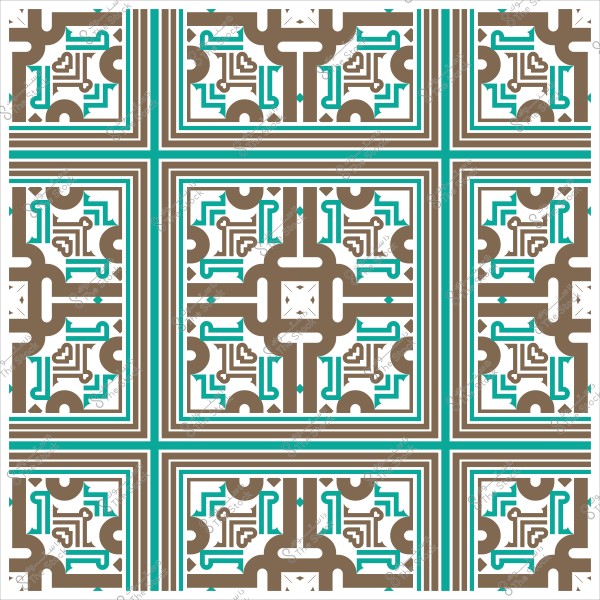 نمط زخرفي هندسي متماثل بألوان بنية وبيضاء وزرقاء. يتميز النمط بتكرارات لخطوط مستقيمة وأشكال منحنية تتشابك لتشكل تصاميم مربعة ومستطيلة. التصميم يعكس الطراز العربي والإسلامي التقليدي.

-