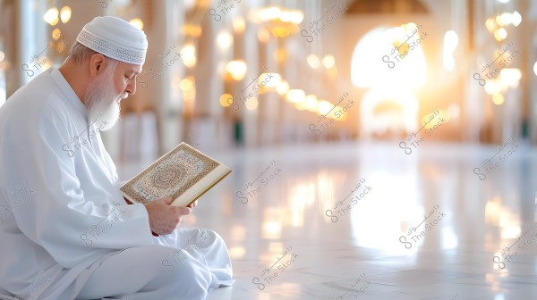 An elderly man is sitting in a spacious, well-lit mosque reading the Quran. He is wearing a white thobe and a white turban. The background features illuminated columns and soft lights, creating a peaceful and spiritual atmosphere.