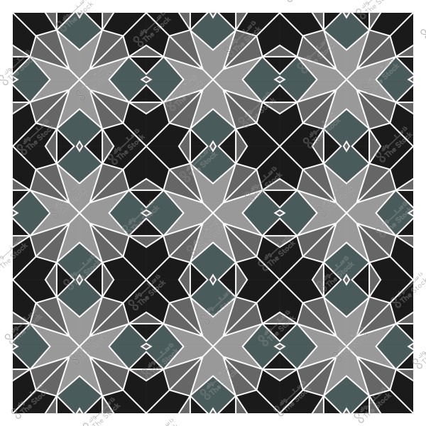 نمط هندسي متماثل يظهر تصميماً تقليدياً مكوّنًا من أشكال نجمية باللونين الرمادي والأخضر الداكن, متداخلة مع خطوط بيضاء دقيقة على خلفية سوداء. يتميز النمط بالتكرار والتماثل الذي يعطي إحساساً بالعمق والترتيب.
                            
-