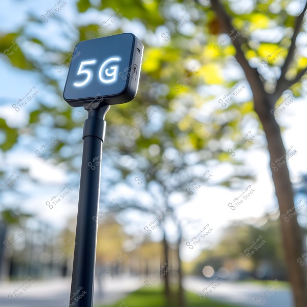 Image depicts a sign mounted on a tall pole indicating \"5G\". The background features trees lining a brightly lit street, suggesting an open and modern outdoor setting.