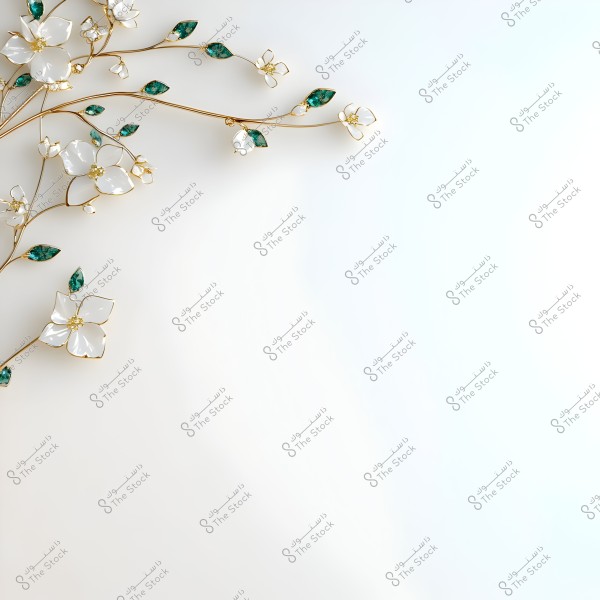 A decorative art design on a white background featuring white three-dimensional flowers with golden edges and dark green leaves, arranged around the flowers. The design extends from the top left corner towards the center.