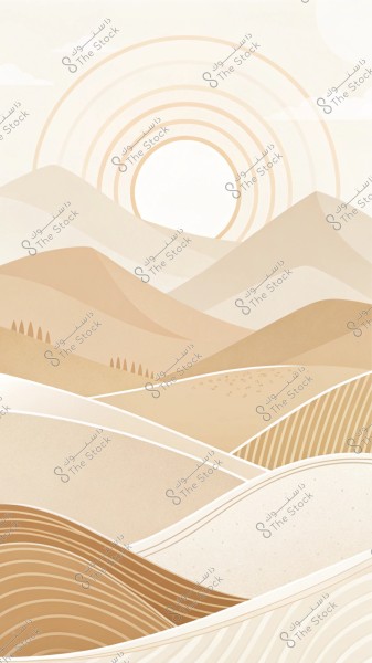 صورة توضح مشهد طبيعي بتصميم رسومي يتميز بتدرجات اللون البيج. تحتوي الصورة على تلال ومنحنيات تتداخل مع بعضها, مع أشكال قوسية تمثل الشمس في الأفق. التصميم يغلب عليه الطابع التجريدي ويتميز بخطوط متكررة تبرز حركة الأرض والتضاريس بشكل فني.