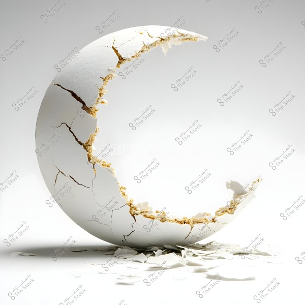 A sculpted half-moon shape made from a white material resembling plaster or ceramic, featuring prominent cracks and fractures. Small pieces have fallen around the base, giving an impression of fragmentation. The background is white and minimalist, highlighting the intricate details of the sculpted half-moon form.