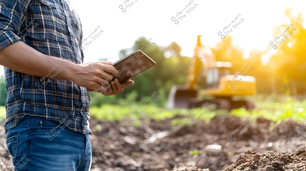 The image shows a man wearing a blue plaid shirt and jeans, holding a tablet in his hands while standing at a construction site. In the background, there is a sunset and green nature, with a yellow excavator operating on the site.