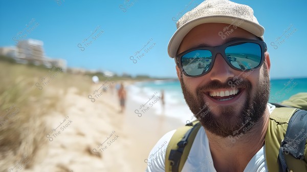 Image of a smiling man wearing a hat and sunglasses, with a full beard. The sunglasses reflect a beach scene with sand and blue water. He is carrying a backpack and appears to be in a coastal location during the day.