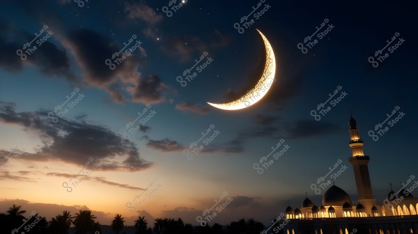 The image depicts a night scene of a large mosque under a bright crescent moon in the sky. The mosque features illuminated domes and minarets. Dark clouds and a starry sky add a spiritual and magnificent atmosphere to the scene. Palm trees are visible on the horizon beneath the mosque, adding a natural touch.