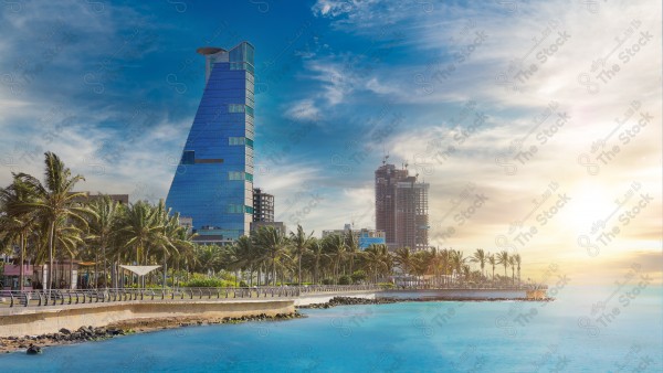 View of Jeddah Corniche from the public beach.