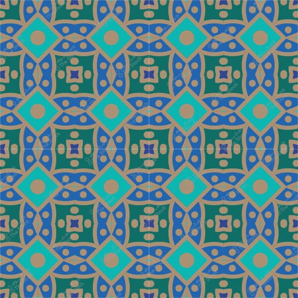 Geometric design with Islamic patterns in blue, green, and cream colors.