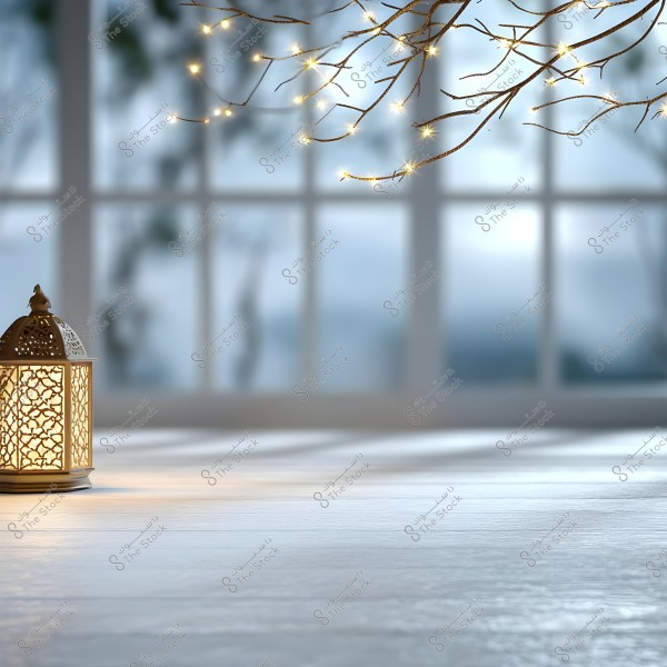 The image features a traditional ornate golden lantern illuminated on a wooden surface. In the background, a tree branch decorated with small twinkling lights is visible, along with large glass windows providing a blurred view of the outside.