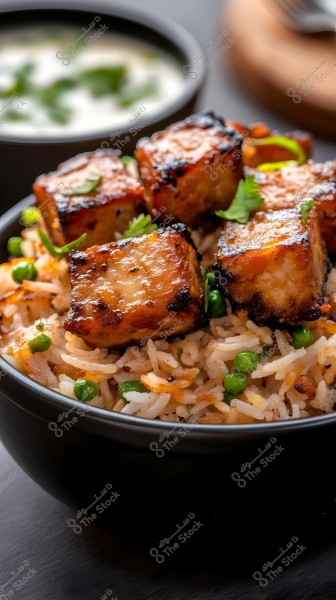 The image shows a dish of rice garnished with peas and topped with marinated, grilled cubes of meat. The dish is adorned with fresh cilantro leaves. In the background, there is a bowl containing a side dish resembling soup.